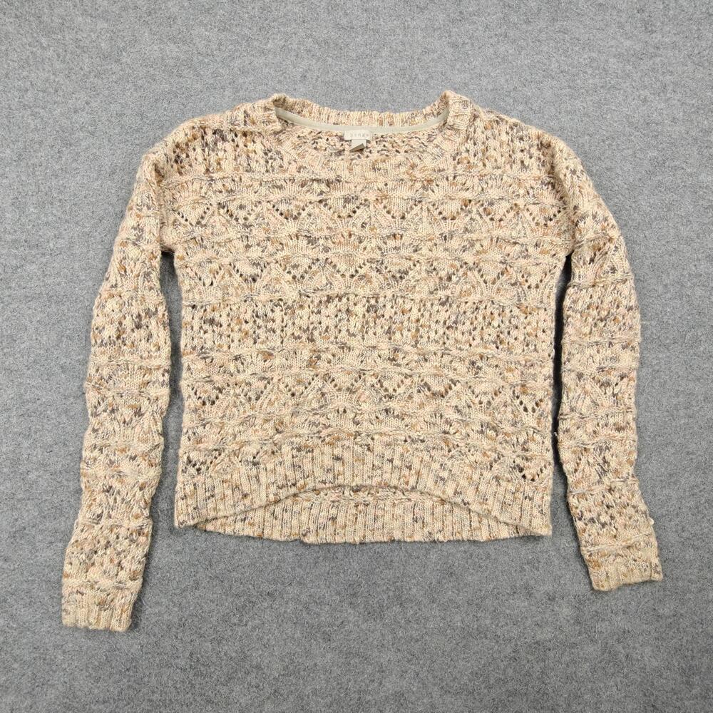 Hinge Sweater Womens XS Beige Open-Knit Lightweight Pullover Crew Neck